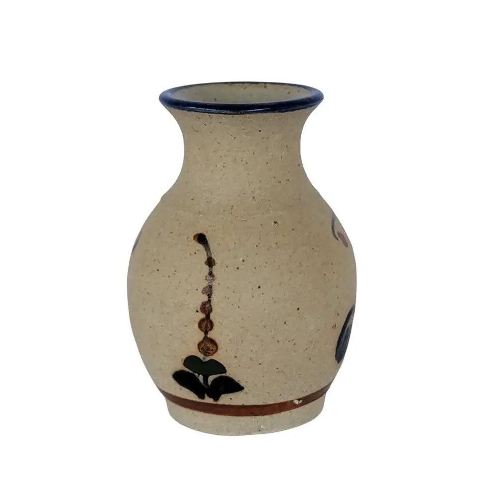 Mexican Tonala Pottery Hand Painted Vase Small Floral Folk Art Blue Cream Mexico